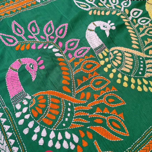 Extraordinary Hand Stiched Silk Kantha Saree, Green , Bangalore Silk, Multi Color Works allover, Fall/piko done, Elegant, Classy Saree