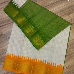 Madurai Cotton Saree, Off White With Olive Green/Orange Ganga Jamuna Border, Beautiful Off white body with check Jari, Perfect Party wear