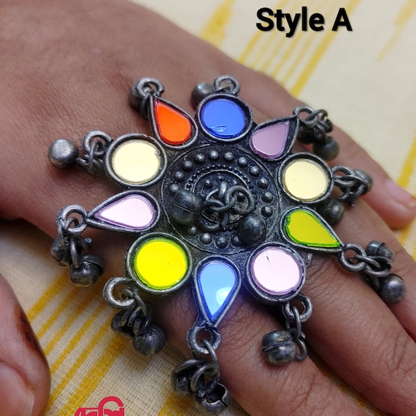 Oxidised Finger Ring, Adjustable, Oversized, Antique Silver Plated, Multi Color Mirror and stone, Indian Jewelry, Afgan/Bohemian Jewelry