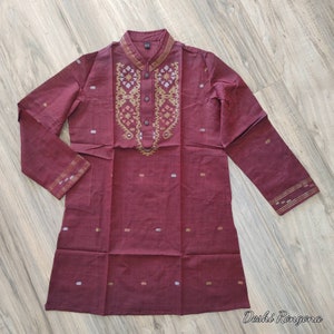 White Jamdani Cotton Traditional Kids Kurta main image 0