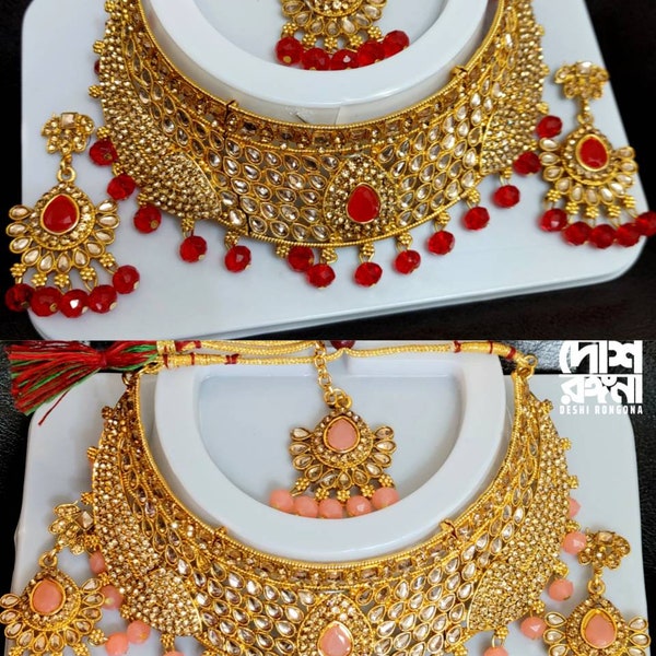 South Indian Women's Gold Plated Bridal Kundan Necklace Set, Designer Antique Fashion Jewelry, Traditional Wedding Jewellery Gift