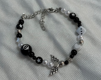 Y2K 8 Ball Charm Bracelet – black and white beaded bracelet with dice & star charms, acubi alternative jewelry, downtowngirl jewelry trendy