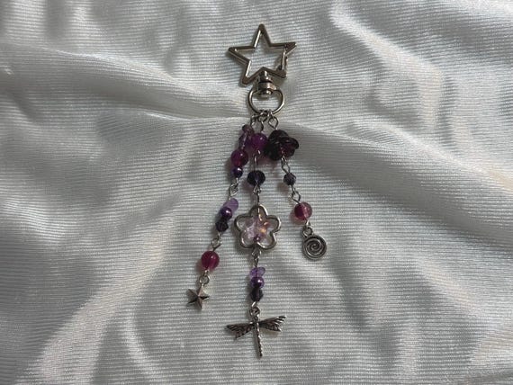 Whimsygoth Bag Charm Keychain, fairycore star keychain, gothic purple beaded charm, celestial dragonfly accessory, handmade purse charm