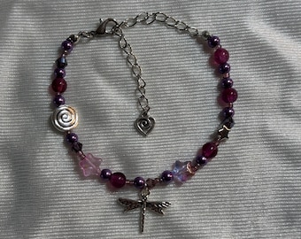 Whimsygoth Dragonfly Bracelet, purple fairycore beaded bracelet, gothic celestial jewelry, cottagecore star bracelet, handmade gift, whimsy