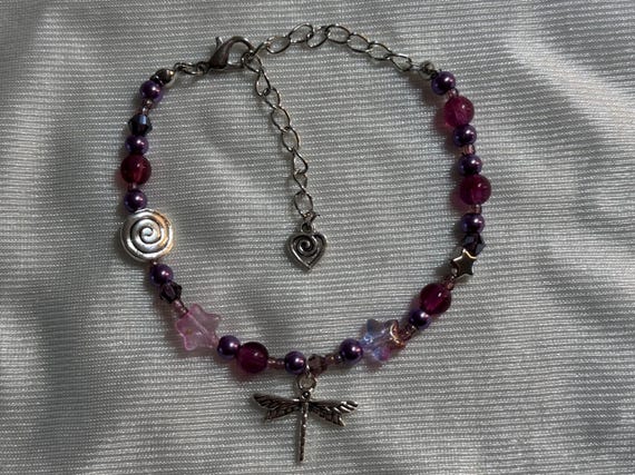 Whimsygoth Dragonfly Bracelet, purple fairycore beaded bracelet, gothic celestial jewelry, cottagecore star bracelet, handmade gift, whimsy