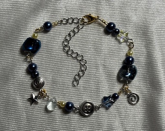 Whimsical Coraline Inspired Bracelet - button bracelet celestial star bracelet swirl pendant blue beaded bracelet whimsygoth alternative