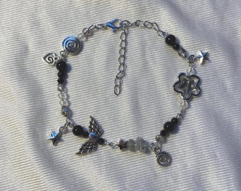 Alternative Charm Bracelet – angel wings, stars & flower, acubi jewelry, dark whimsical beaded bracelet, whimsygoth accessory gift for her