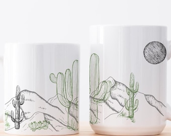 Boho Kaffeetasse, Kaktus Wüstenszene, Wüste, AZ Souvenir, handgezeichnete Kaktus Kunst, Keramikbecher, Scottsdale Urlaub, Junggesellinnenabschied Geschenk