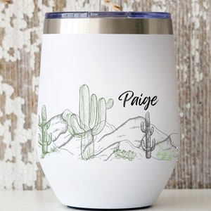 Boho Desert Wine Tumbler, Personalized Tumbler, Cactus Desert Scene,  Hand Drawn Cactus Art, Cactus Tumbler, Girls Trip