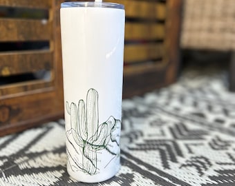 Personalisierte Hand gezeichnete Kaktus Becher | Festival Becher | Wüste Becher | Wüsten Vibes | Skinny Stahlbecher | 20oz