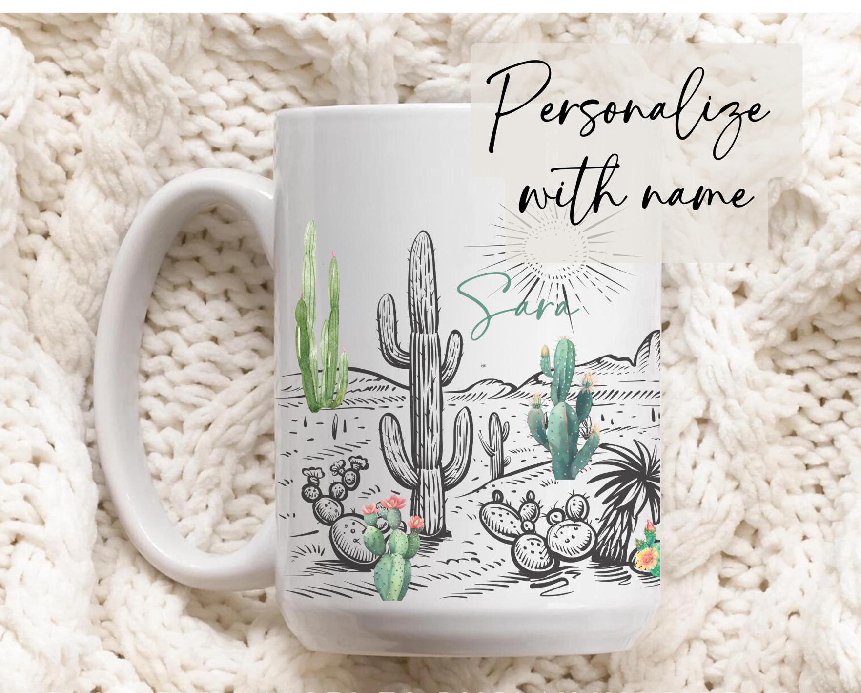 Personalized Boho Cactus Coffee Mug, Desert Scene, Cactus Mug Ceramic, AZ Souvenir, Hand Drawn Cactus Art, Large Mug, Cactus Gift