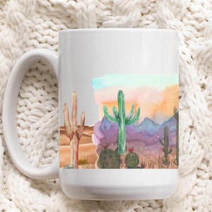 Boho Coffee Mug, Desert Themed Coffee Mug, Cactus Desert Scene, Desert, AZ Souvenir, Cactus Art, Ceramic Mug,