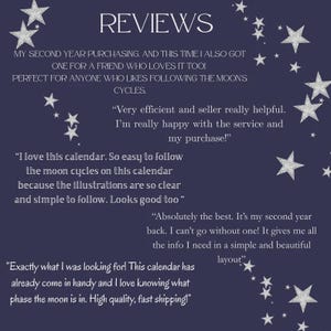 May include: A dark blue graphic display titled REVIEWS featuring multiple customer testimonials about a moon cycle calendar. The text is surrounded by scattered silver stars of varying sizes. The testimonials praise the calendar's layout and clarity.