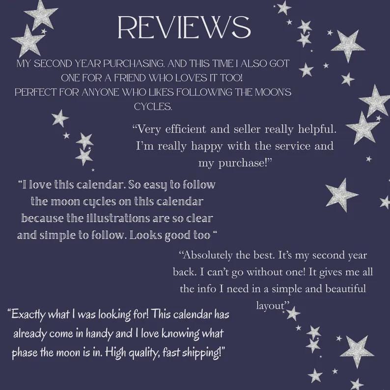 May include: A dark blue graphic display titled REVIEWS featuring multiple customer testimonials about a moon cycle calendar. The text is surrounded by scattered silver stars of varying sizes. The testimonials praise the calendar's layout and clarity.