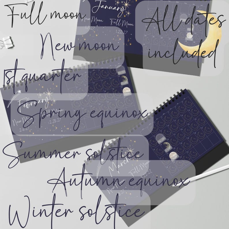 May include: A dark blue spiral-bound desk calendar featuring celestial illustrations of stars and moon phases. The pages display months including January, February, and March, with text labels for Full moon, New moon, 1st quarter, Spring equinox, Summer solstice, Autumn equinox, and Winter solstice. The calendar includes all dates and a yellow crescent moon graphic.