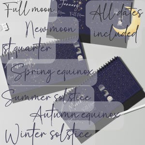 May include: A dark blue spiral-bound desk calendar featuring celestial illustrations of stars and moon phases. The pages display months including January, February, and March, with text labels for Full moon, New moon, 1st quarter, Spring equinox, Summer solstice, Autumn equinox, and Winter solstice. The calendar includes all dates and a yellow crescent moon graphic.
