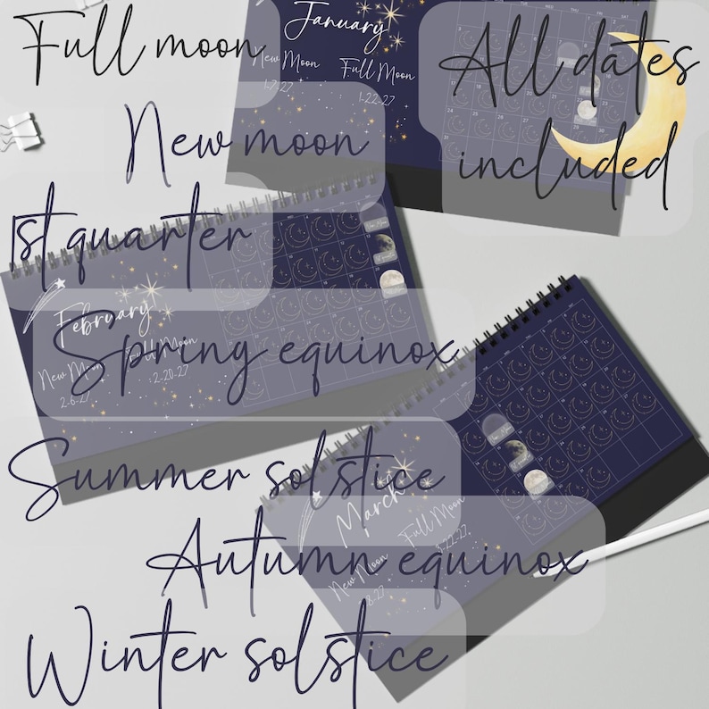 May include: A dark blue spiral-bound desk calendar featuring celestial illustrations of stars and moon phases. The pages display months including January, February, and March, with text labels for Full moon, New moon, 1st quarter, Spring equinox, Summer solstice, Autumn equinox, and Winter solstice. The calendar includes all dates and a yellow crescent moon graphic.