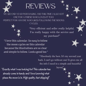 May include: A dark blue graphic featuring the word REVIEWS in white capital letters, surrounded by scattered silver glitter stars. The text includes several customer testimonials about a moon cycle calendar, praising its clarity and layout.