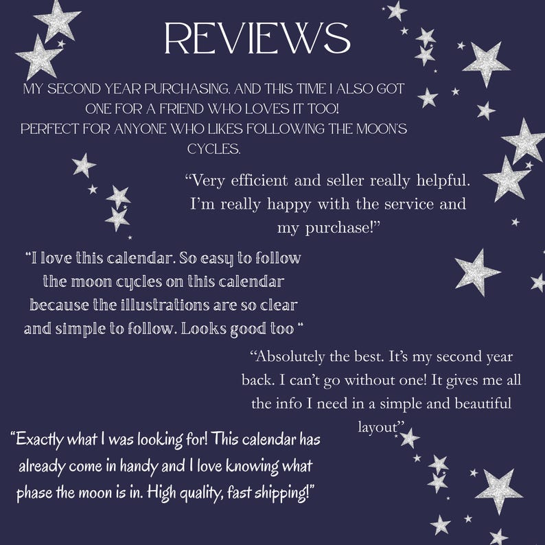 May include: A dark blue graphic featuring the word REVIEWS in white capital letters, surrounded by scattered silver glitter stars. The text includes several customer testimonials about a moon cycle calendar, praising its clarity and layout.