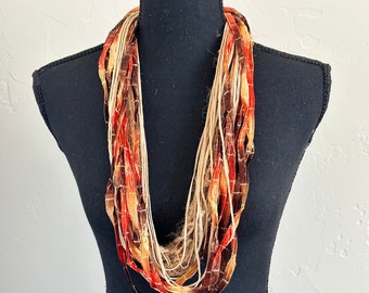 Boho Hippie Tangerine and Brown Ribbon Jewelry Scarf