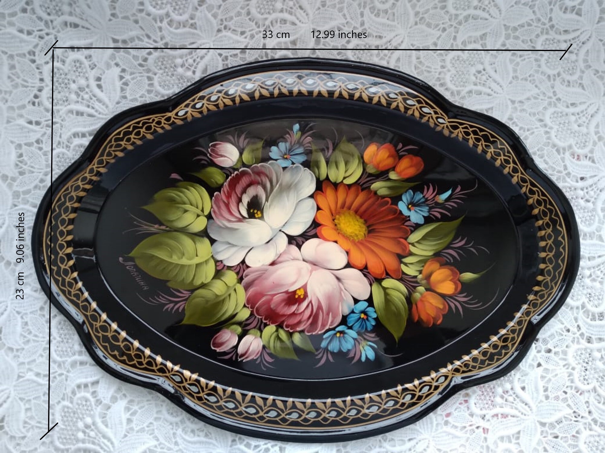 Hand painted metal tray with floral ornament in Russian style. Etsy