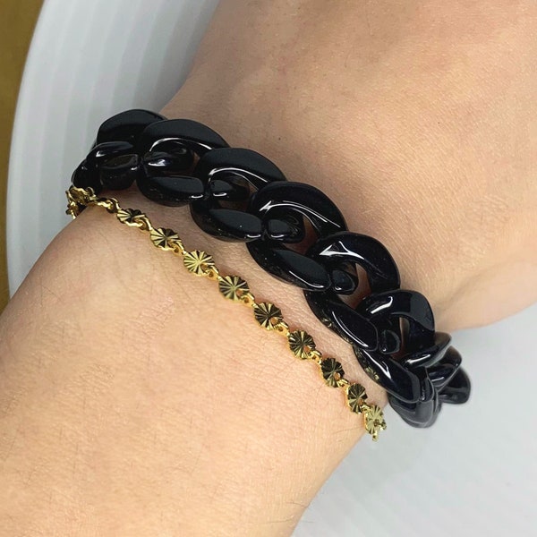 Bracelet double-rang avec chaine en acier inoxydable et maille noire - bracelet tendance et original pour femme noir métal et plastique