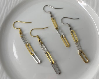 Pendientes largos con eslabones dorados y plateados: pendientes colgantes originales y modernos en malla de clip bicolor