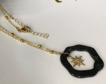 Collier sautoir original en acier inoxydable et résine pour femme - pendentif long tendance avec étoile - collier cosmique noir élégant