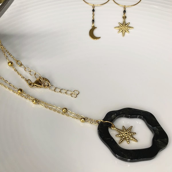 Collier sautoir original en acier inoxydable et résine pour femme - pendentif long tendance avec étoile - collier cosmique noir élégant