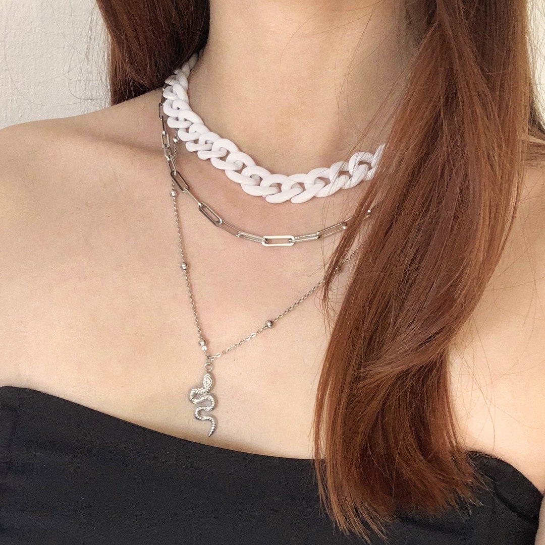 Chain 3 Rows 3-row Necklace With White Mesh Chain Stainless Steel Chains - Etsy