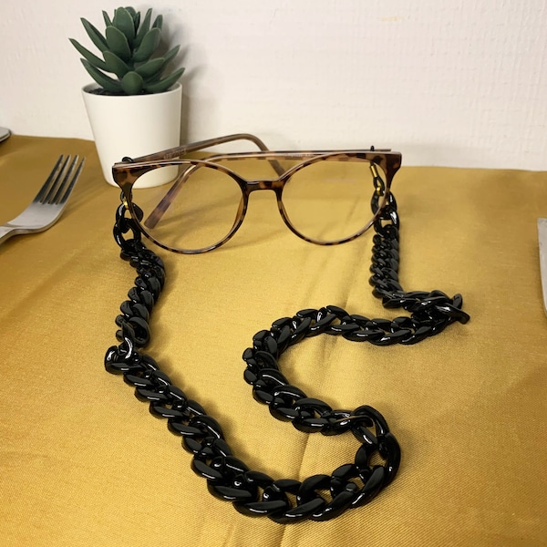 Chaine de lunettes en maille acrylique épaisse - grosse chaine originale femme plastique noire - chaine tendance