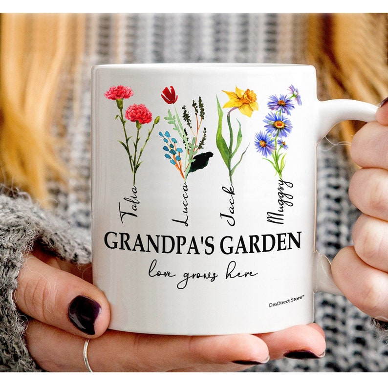 Birth Day Flower Personalized Outdoor, Flower Pot For Grandpa Grandma, Dad Fathers Day Birth Month Gift With Grandkids' Names 11OZ, 15OZ Mug 