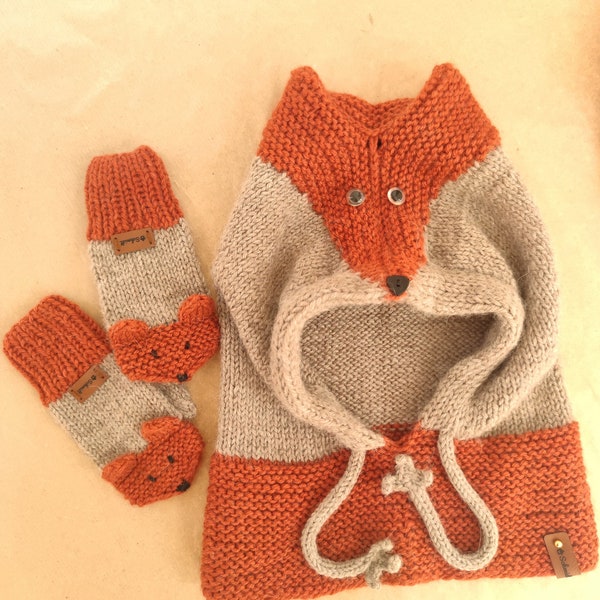 Bonnet et mitaines tricotés « Petit Renard » pour filles, chapeau-casque, capuche, bonnet et écharpe, gants tricotés, casquette