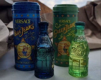 Vintage Versace 90s Miniature Scent Bottles Set .Blue jeans and Green jeans.