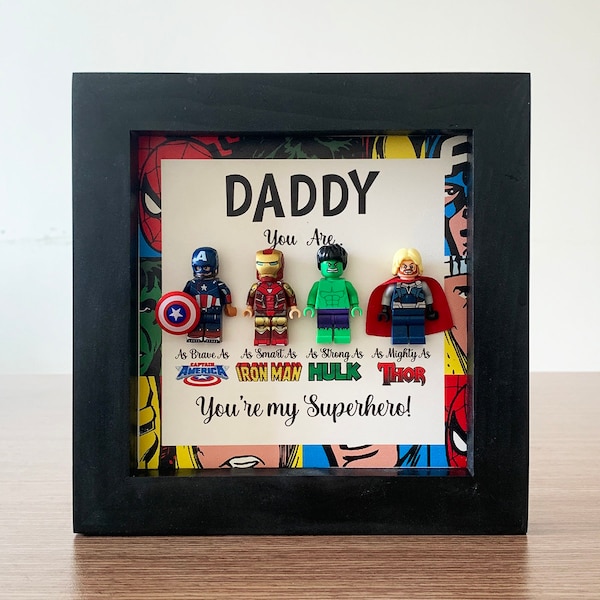 Gifts for dad: Set of 4 superhero figures | Personalised Framed Wall Hanging 7,87 inches x 7,87 inches | Birthday gifts