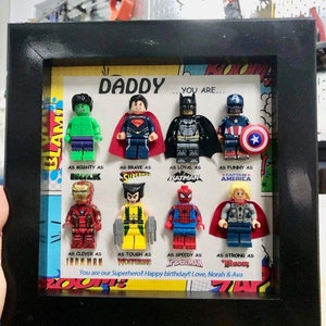 Gifts for dad: Set of 8 superhero figures Personalised Framed Wall Hanging 7,87 inches x 7,87 inches Birthday gifts Father's gifts image 1