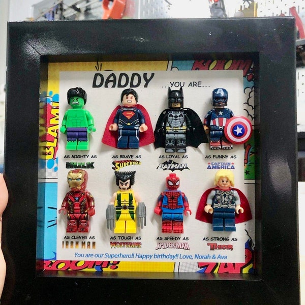 Gifts for dad: Set of 8 superhero figures | Personalised Framed Wall Hanging 7,87 inches x 7,87 inches | Birthday gifts | Father's gifts