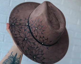 Dark Brown Hand Burned Custom Wide Brim Fedora Hat | Rhinestone, Gem, Flower, Floral, Sunflower, Daisy, Concert, Adjustable, Boho, Hippie