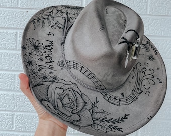Custom Hand Burned Wide Brim Fedora Hat | Eric Church Country Music Concert Summer Lainey Wilson Cowgirl Cowboy Festival Rodeo Western