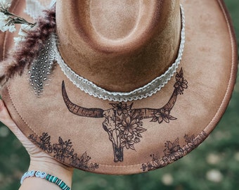 Longhorn Cow Floral Skull Hand Burned Custom Wide Brim Fedora Hat | Tan, Flowers, Country, Concert, Cowgirl, Lainey Wilson, Feather, Boho