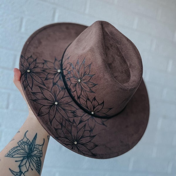 Dark Brown Hand Burned Custom Wide Brim Fedora Hat | Rhinestone, Gem, Flower, Floral, Sunflower, Daisy, Concert, Adjustable, Boho, Hippie
