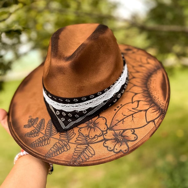 Burned Custom Wide Brim Fedora Hat | Wildflowers, Bandana, Lace, Country, Boho, Concert, Derby, Lainey Wilson, Sunflower, Floral