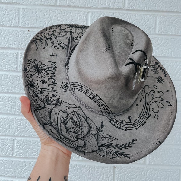 Custom Hand Burned Wide Brim Fedora Hat | Eric Church Country Music Concert Summer Lainey Wilson Cowgirl Cowboy Festival Rodeo Western