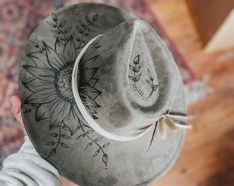 Hand Burned Wide Brim Olive Green Fedora Hat | Floral, Flower, Greenery, Cowgirl, Cowboy, Card, Lainey Wilson, Western, Boho, Hippie