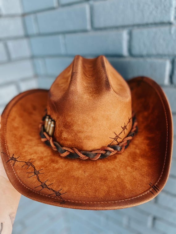 Men’s cowboy hat | brown, country, western, barbed wire, grunge, masculine, leather, bullet, crosses, religious, brown, black