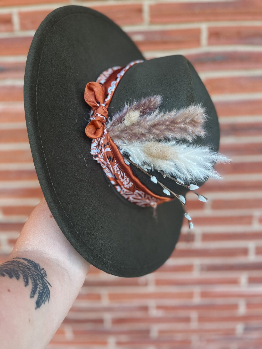 Olive Wide Brim Fedora Hat With Bandana and Dried Florals Etsy