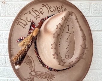 1776 patriotic American flag Custom Burned Wide Brim Fedora Hat | leather, feathers, America eagle Statue of Liberty feather stars stripes
