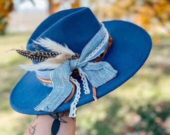 Blue Wide Brim Fedora Hat | Ribbon, Lace, Feather,