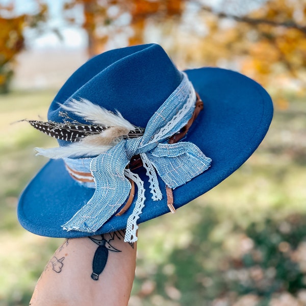 Blue Wide Brim Fedora Hat | Ribbon, Lace, Feather,