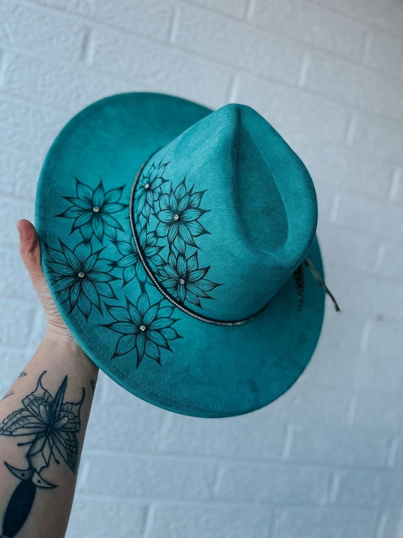 Turquoise Teal Hand Burned Custom Floral Wide Brim Fedora  display picture 3